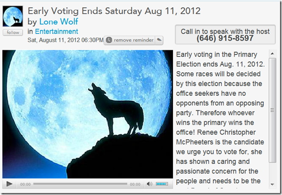 Click here for the call-in show with the Lone Wolf on Blogtalk Radio,